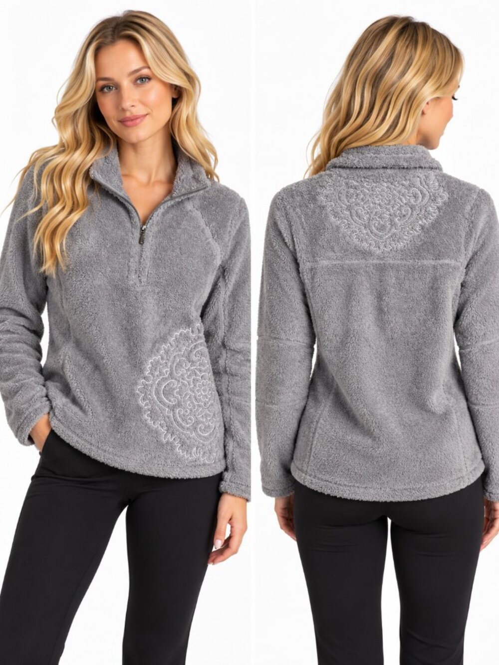 Athleta Mandala Scrollwork Embroidered Plush Fleece Quarter-Zip Gray Small